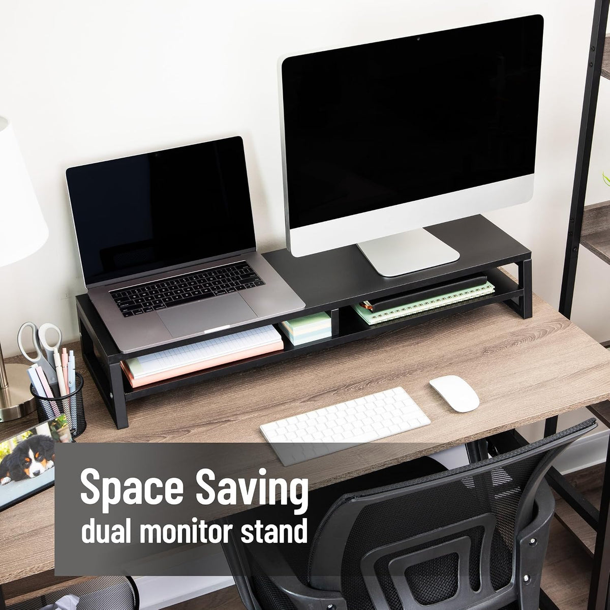 Mind Reader 2-Tier MDF Double Monitor Stand, Dual Screen Riser with Storage Shelf, 33.75 Inch Wide, 88 lb Capacity, Black