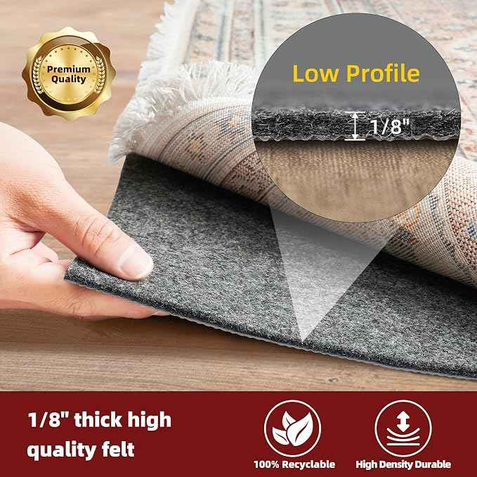 BAGAIL Felt and Natural Rubber Backing Rug Pads 1/8” Thick, 7.5 x 10 Ft Non