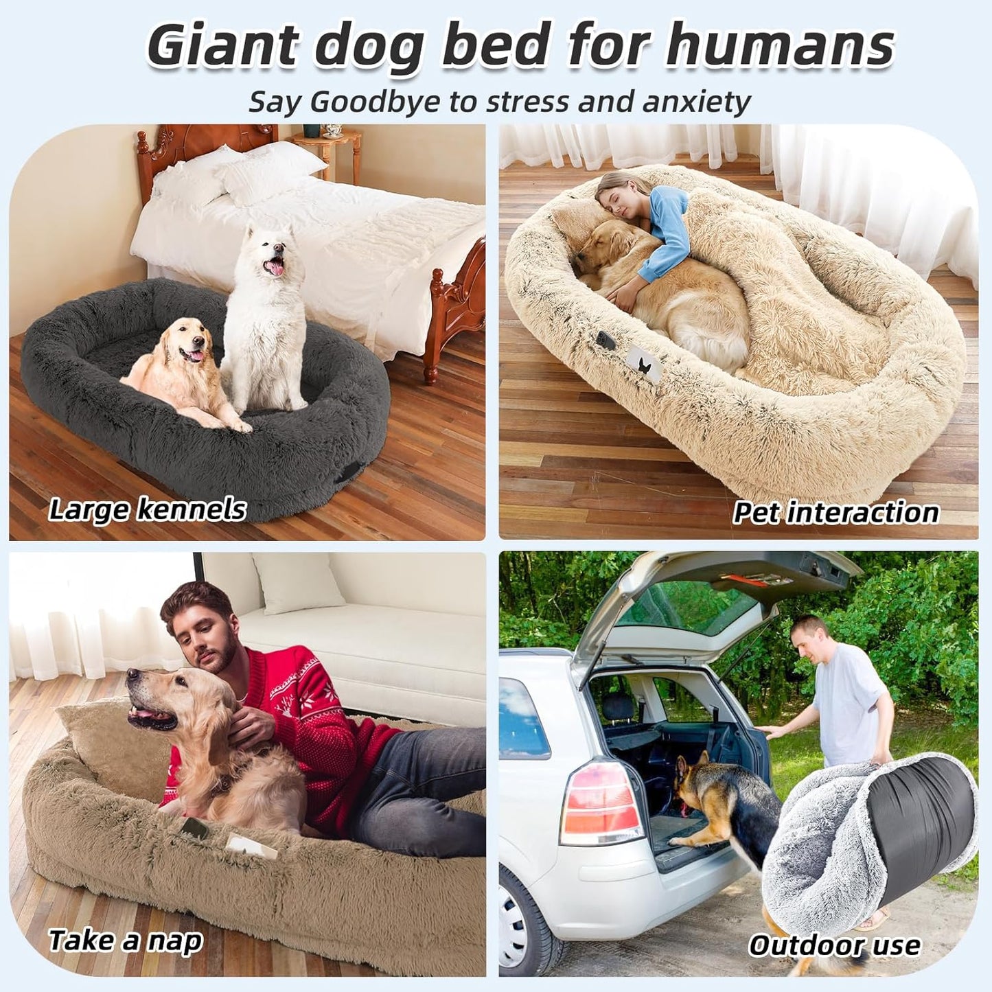 Human Dog Bed, 71''x45''x12'' Size Fits You and Pets, Washable Faux Fur Pet Bed for People Doze Off, Napping Orthopedic Dog Bed, Present Plump Pillow, Blanket, Strap - Dark Grey