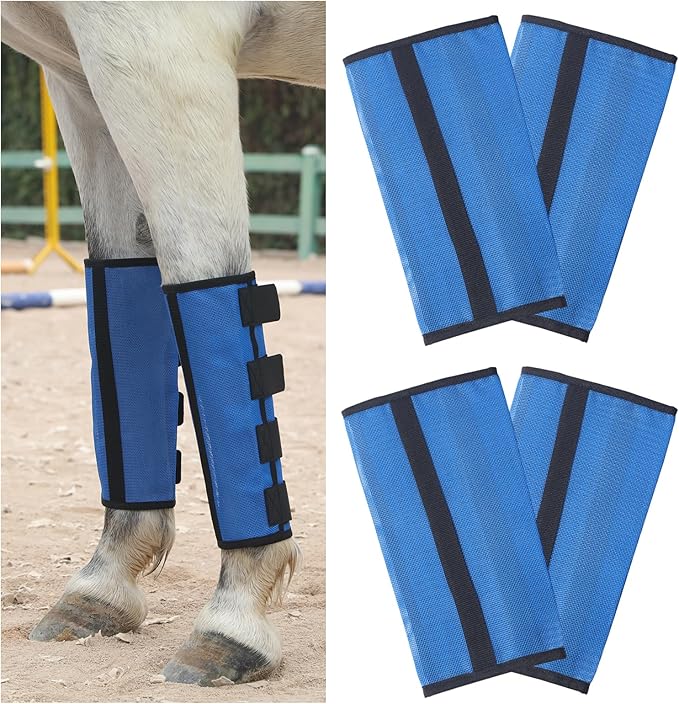 Horse Fly Boots Set of 4 - Non-Slip Leg Guards Extra Tough Mesh Ventilated, Adjustable Horse Fly Leggings Reduce Stomping & Hoof Stress & Leg Fatigue RoyalBlue Medium