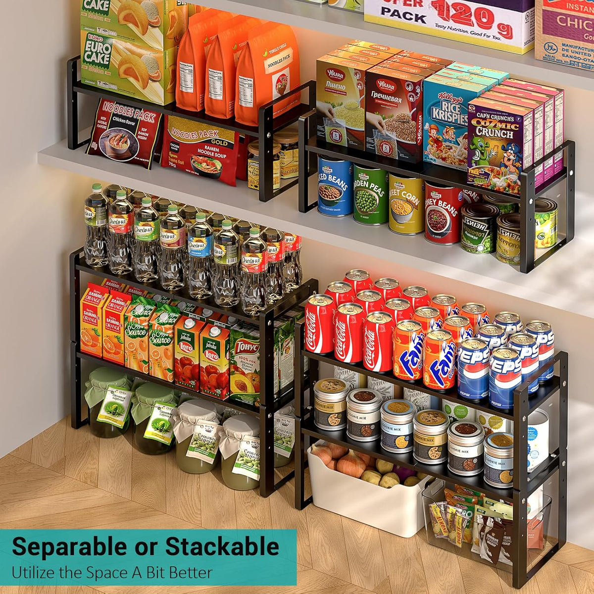 2 Pack Expandable Cabinet Organizer Shelves, 88lbs High Weight Capacity, Stackable Heavy-Duty Metal Storage Rack, Adjustable Cabinet Shelf for Kitchen, Pantry, Cupboard, Under Sink, Black
