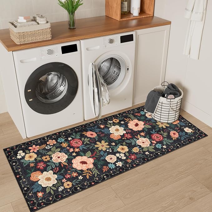 DUKINO 2x5 Runner Rug for Hallway, Washable Kitchen Floral Runner Rug