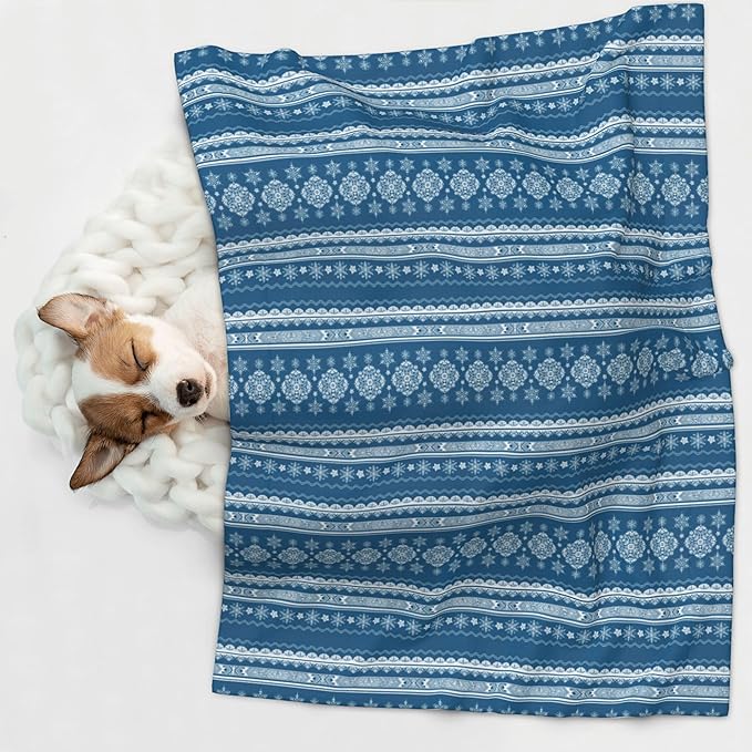 Boho Blanket for Pet - Blue White Snowflake Throw Blanket 23x16 Bohemian Couch Blankets for Puppy Dogs Cats