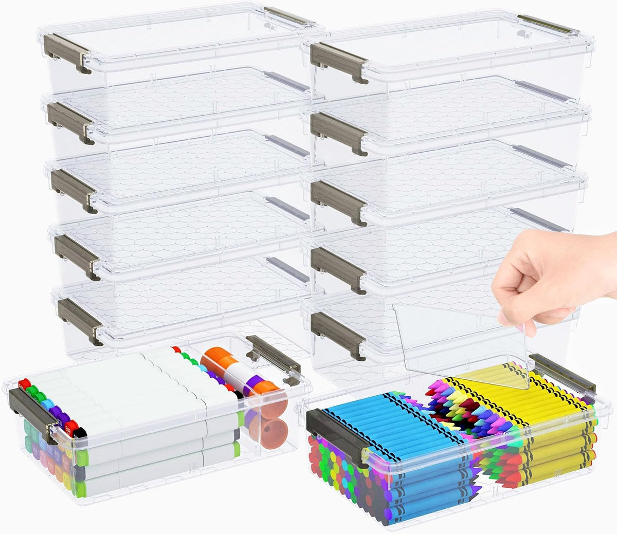 12 Pack Extra Large Pencil Box with Removable Divider, Thickened Pencil Case Bulk, Clear Crayon Marker Organizer Stackable Plastic Small Storage Containers for Pen Craft School Supplies(Grey)