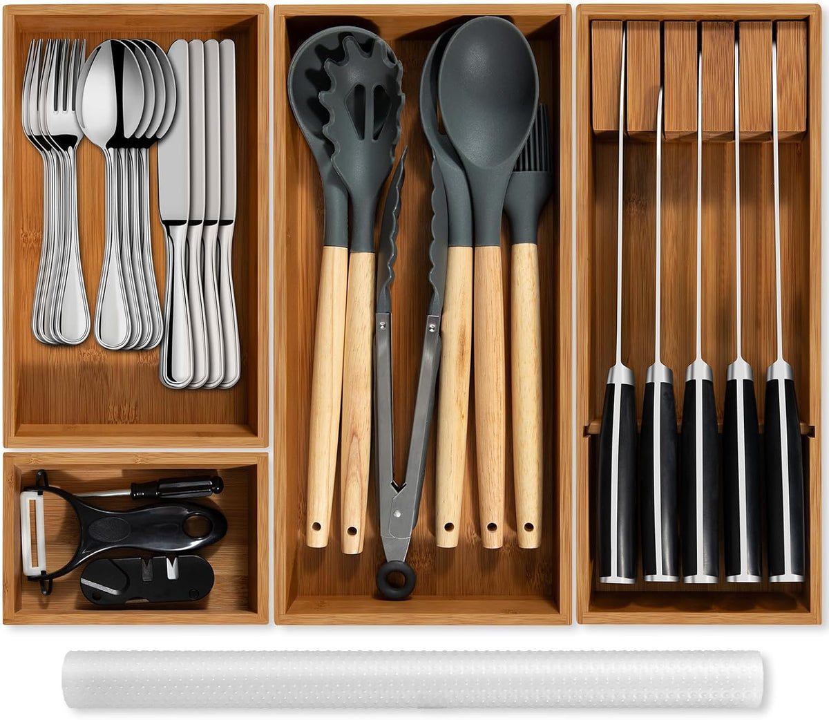 Piklohas Carbonized Bamboo Kitchen Silverwar Drawer Organizer