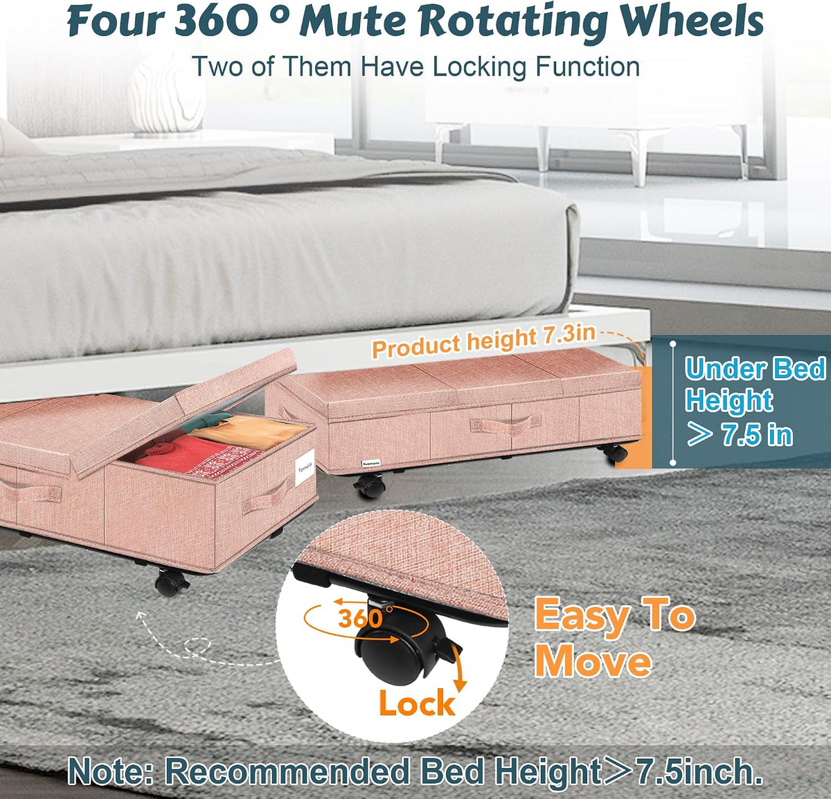 Supowin Under Bed Storage with Wheels, 2Pack Rolling Underbed Storage