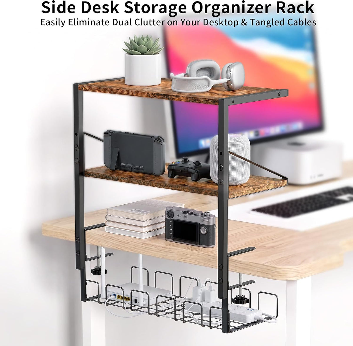 Clamp on Desk Shelf, 19in 3-Tier Desk Shelves Organizer with Under-Desk Hidden Storage Basket, Desktop Supplies Storage Rack for Home Workspace, Study Rooms,Gaming Devices