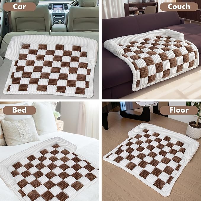 LiveGo Fuzzy Pet Couch Covers for Sofa, Dog Couch Cover Fuzzy Sofa Cover Cream Square Plaid Dog Bed Plush Dog Mat for Furniture Protector for Large Medium Dogs and Cats