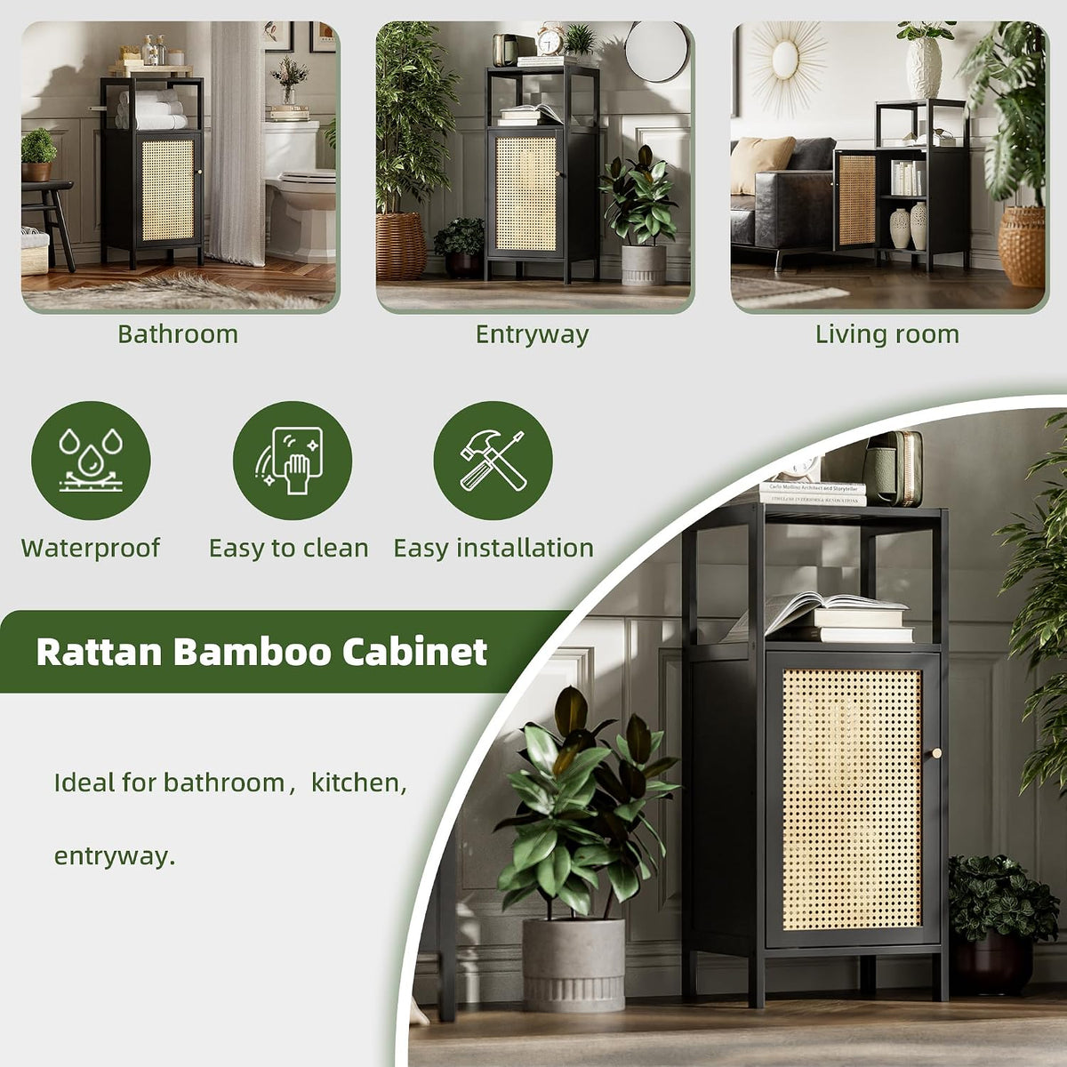Bamboo Floor Rattan Cabinet, Small Bathroom Storage Organizer Rack with 1 Door and 1 Shelf, Space Saving Wood Kitchen Cupboard, Hallway Side Table, Living Room Freestanding Stand (Black)
