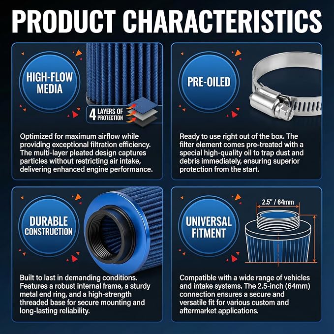 Universal Clamp-On Air Intake Filter, High Performance, Washable Filter