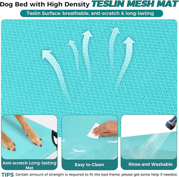 Windproof Elevated Dog Bed with Canopy & Stakes, 3-Sided 90% UV Block, Chew-Proof Teslin Mesh Mat for Large Dogs up to 150lbs(Blue X-Large)