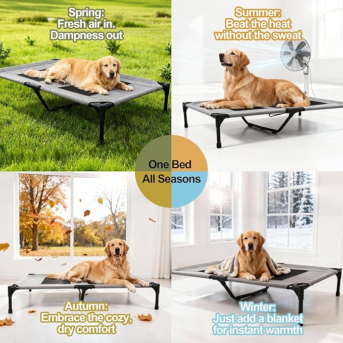 Raised Dog Bed Cooling Cot for Indoor Outdoor Use Portable Waterproof Mesh Pet Bed Washable for Large Medium Small Dogs, Grey