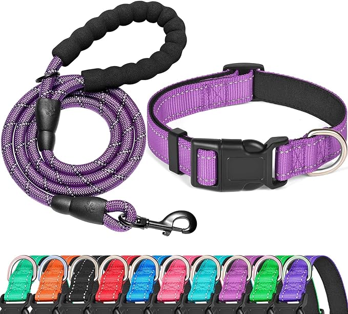 Reflective Dog Collar Padded with Soft Neoprene Breathable Adjustable Nylon Dog Collars for Small Medium Large Dogs (X-Small (Pack of 1), Purple Collar+Leash)