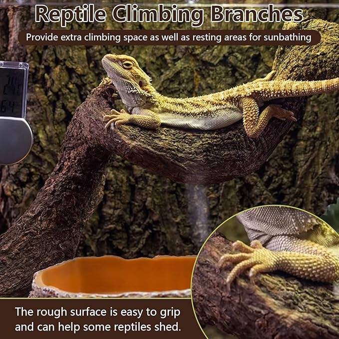 BNOSDM 3PCS Natural Reptile Climbing Branches Decor,1.8-2.2" Thick Natural Snake Climbing Forest Wood with Plant Leaf Decor,Lizard Forest Branch,Geckos Tank Tree Trunk Accessories for Bearded Dragons