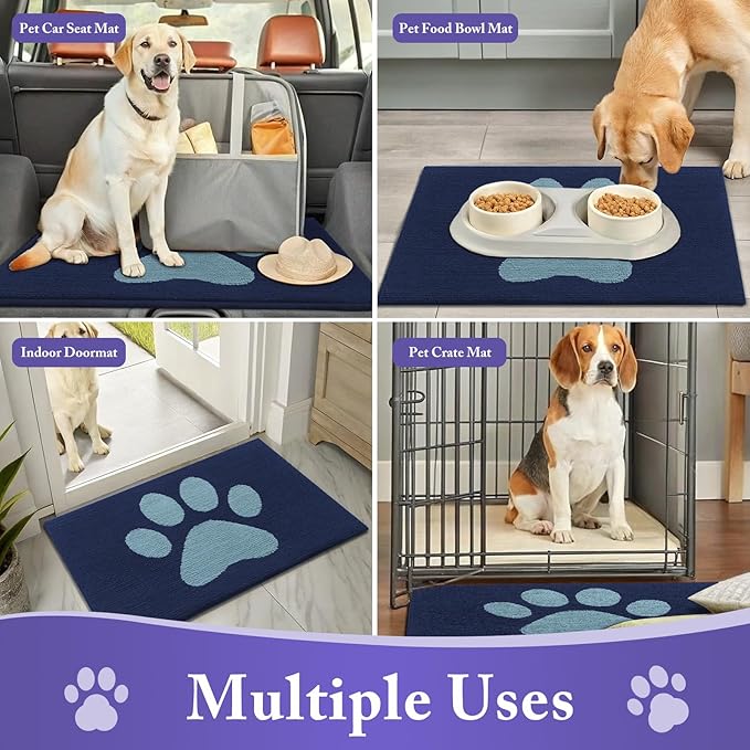 Buganda Dog Door Mat for Muddy Paws, Absorbent Dirt Trapper Non Slip Indoor Doormats, Washable Low-Profile Mat for Mud Dogs, Entryway Carpet for Inside Floor (36x24 Inches, Dark Blue)