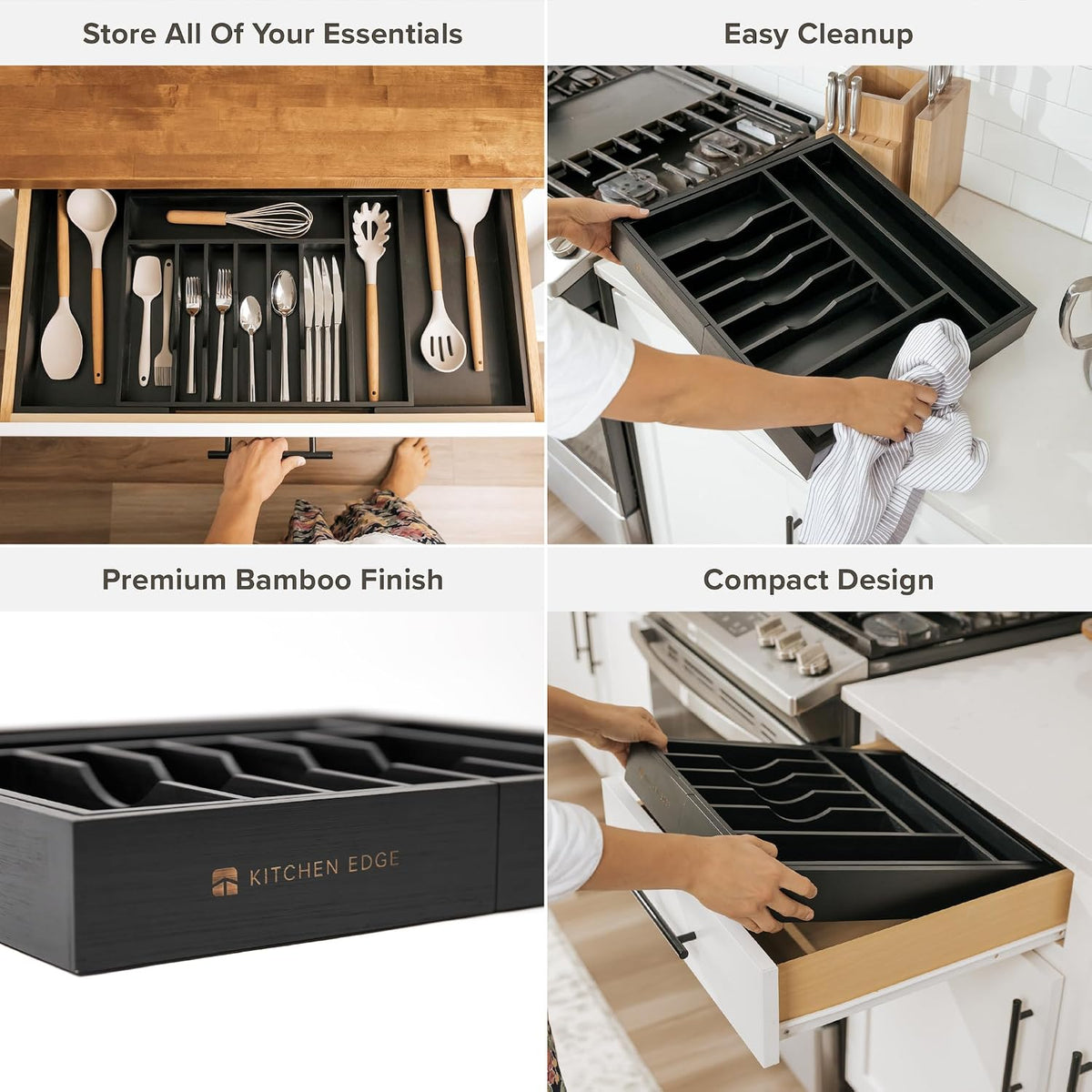 KitchenEdge Silverware & Utensil Drawer Organizer, 18-33 in, Black Bamboo