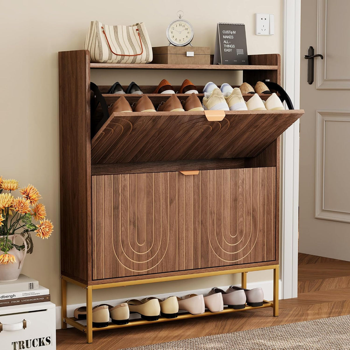 LEVNARY Narrow Shoe Storage Cabinet with 2 Flip Drawers, Wooden Freestanding Hidden Shoes Rack Organizer for Entryway, Mid-Century Modern Shoe Cabinet with Carving Lines for Hallway Foyer (1, Walnut)