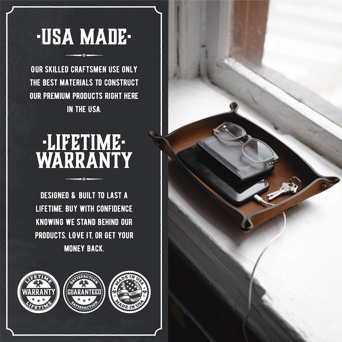 Main Street Forge Leather Valet Tray for Men – Rustic EDC Organizer for Keys, Phone & Wallet – Made in USA – Avalanche Gray