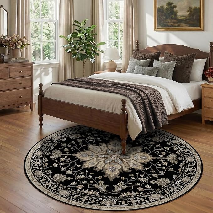 RELEANY Area Rugs Round 7ft Washable Non-Slip, Floral Vintage Distress