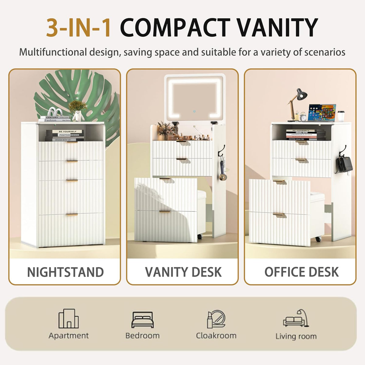 3 in 1 Vanity Desk with Flip Top Mirror and Lights, Small Makeup Vanity with 3 Drawers and Power Outlet, Modern Compact Dressing Table Set with Rolling Hidden Cushioned Stool for Bedroom, White
