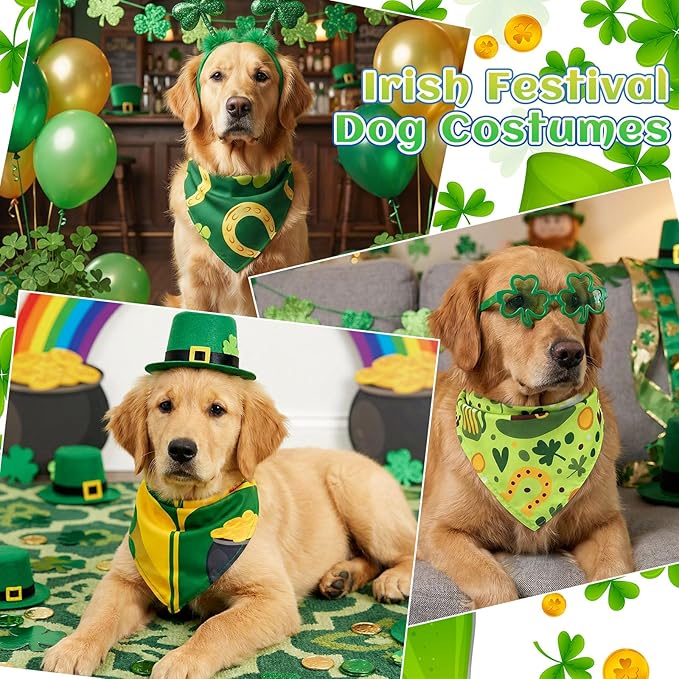 100 Pcs St. Patrick's Day Dog Bandanas Irish Pet Bandanas Bulk Holiday Green Four Leaf Clover Triangle Pet Bibs Scarf for Medium Large Dog St. Patricks Day Irish Festival Costume Decor
