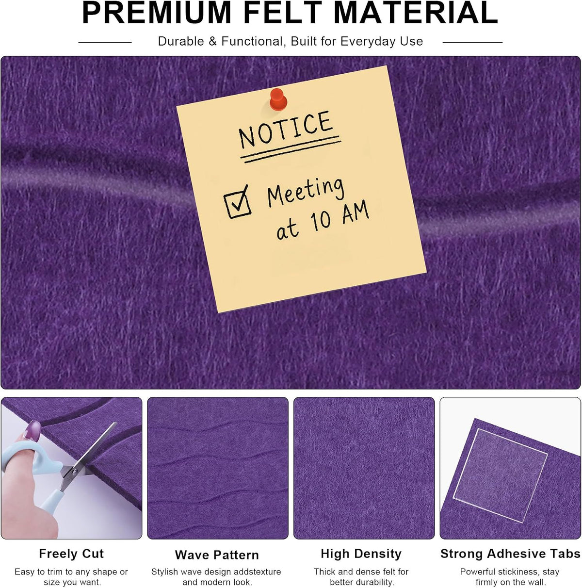 AKONEGE Felt Bulletin Board Tiles 12 Pack, 48" x 36" Cork Board Alternative, DIY Pin Board Wall Tiles for Photo Wall, Vision Board, Dorm Room & Home Office Decor, Stick-On with Adhesive Tabs, Violet