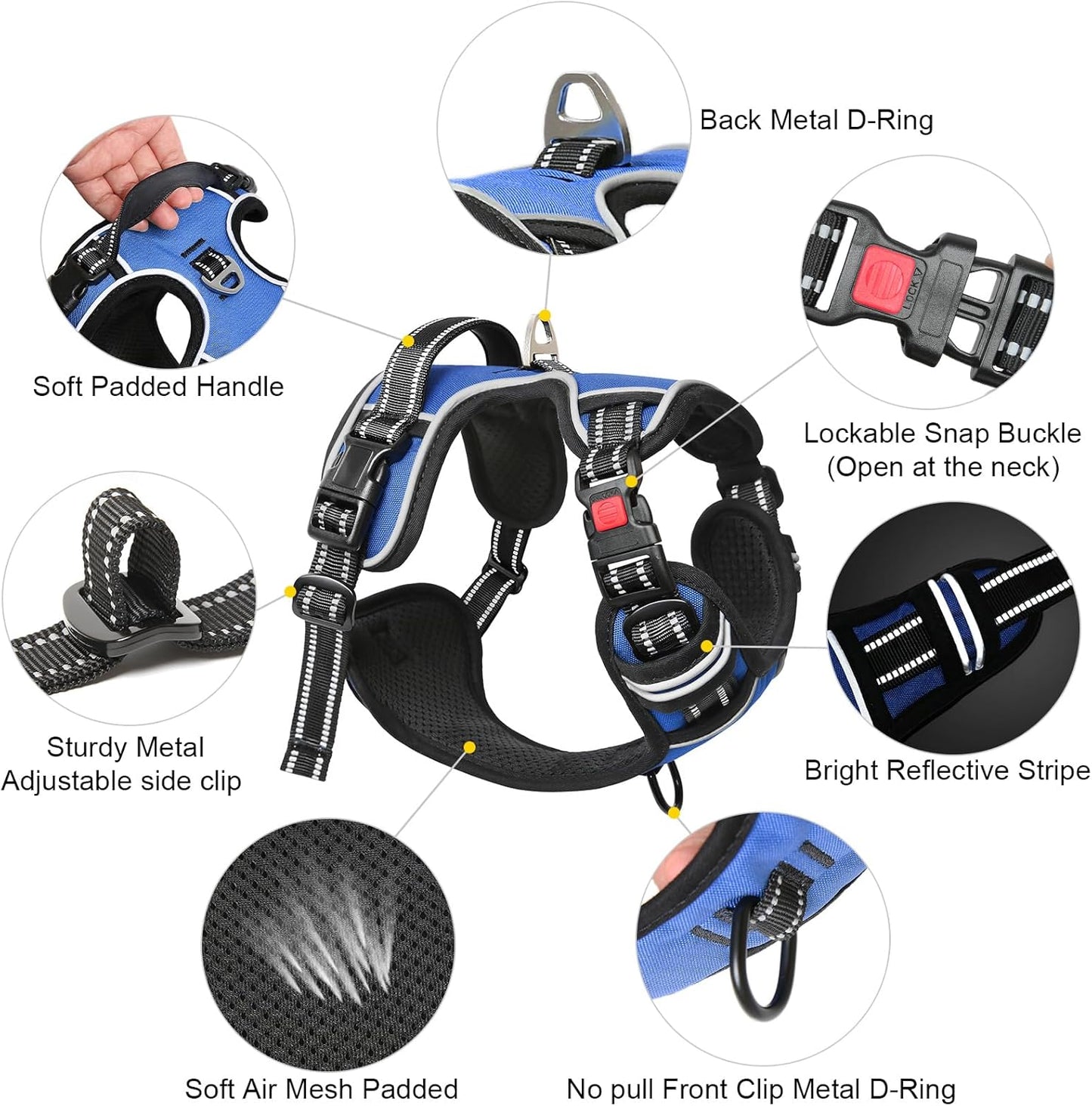 Timos Dog Harness, No Pull Dog Harness 3 Snap Buckles Adjustable Reflective No Choke Pet Vest for Small Dog with Soft Padded Control Training Handle for Outdoor Training,Lock Blue, S