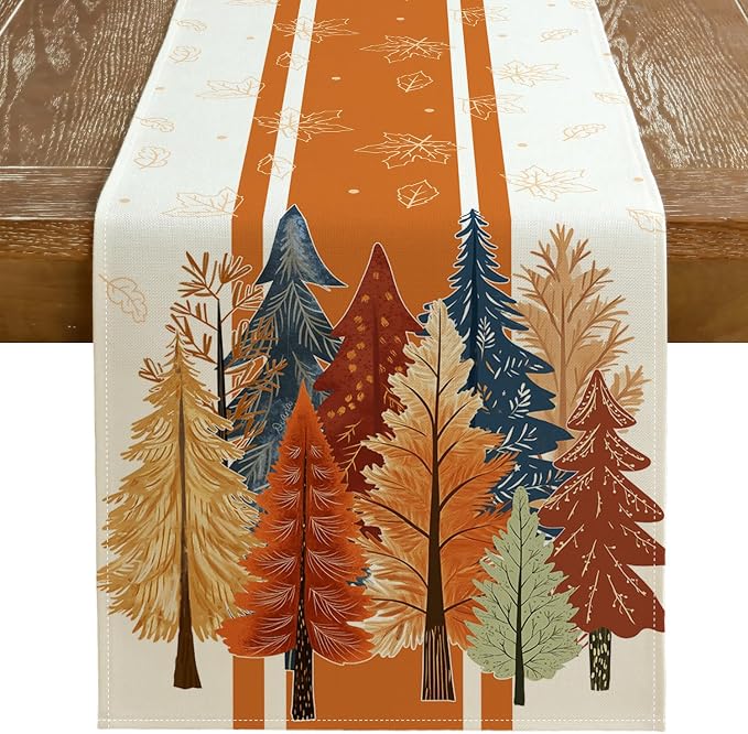 Fall Watercolor Trees & Maple Leaves Striped Table Runner 13x48 Inch, Rustic