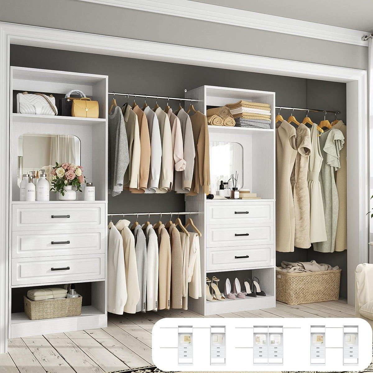Unikito 6-14FT Wood Closet System with 6 Drawers and Mirror, White
