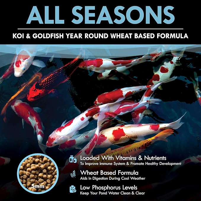 HALF OFF PONDS All Seasons Koi Fish Food - 20 lb Floating Pellets, 5mm Size - Goldfish Food for Ponds - 28% Protein with Wheat Germ & Vitamins - Ideal for Year-Round Feeding & Water Clarity