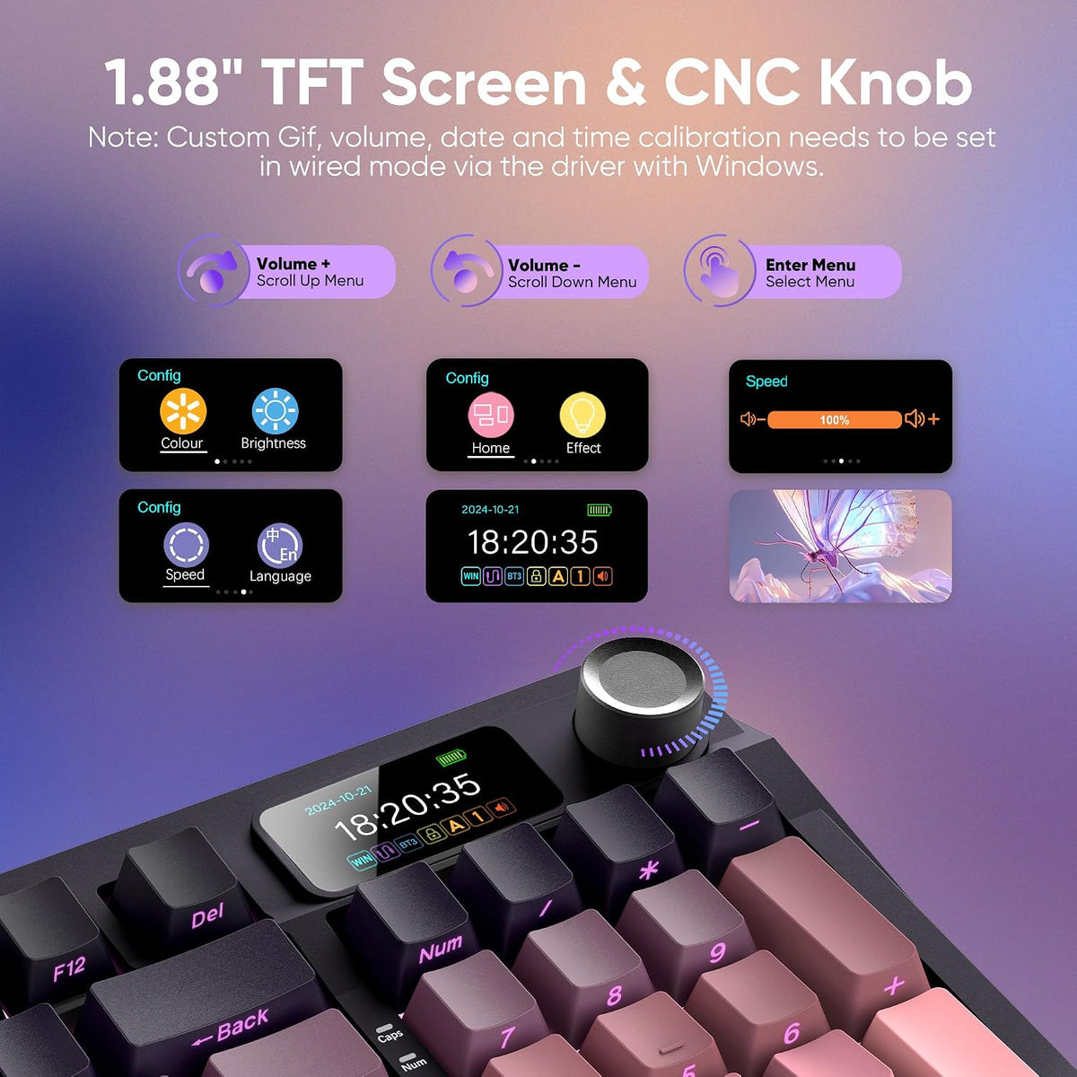 RedThunder K95 Wireless Mechanical Keyboard,TFT Screen & Knob, Trip-Modes Connection, Gasket Custom Hot-Swap Keyboard, RGB Backlit, Pre-lubed Linear Switches, Side Printed PBT Keycaps, Gradient Pink