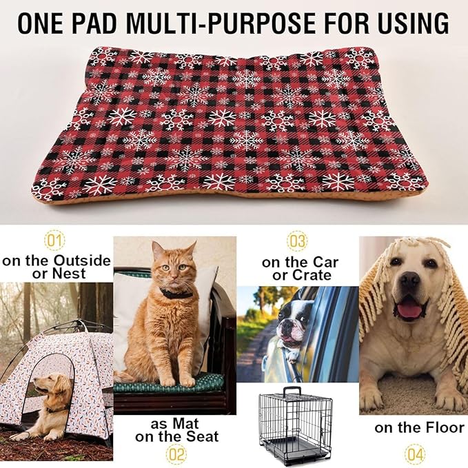 Red and Black Buffalo Plaid Snowflake Christmas Pet Bed Cute Dog Bed Mat Absorbing Non Slip Pad Pet Sleeping Mat for Small, Medium, and Large Dogs Puppy Cat 24 in x 18 in