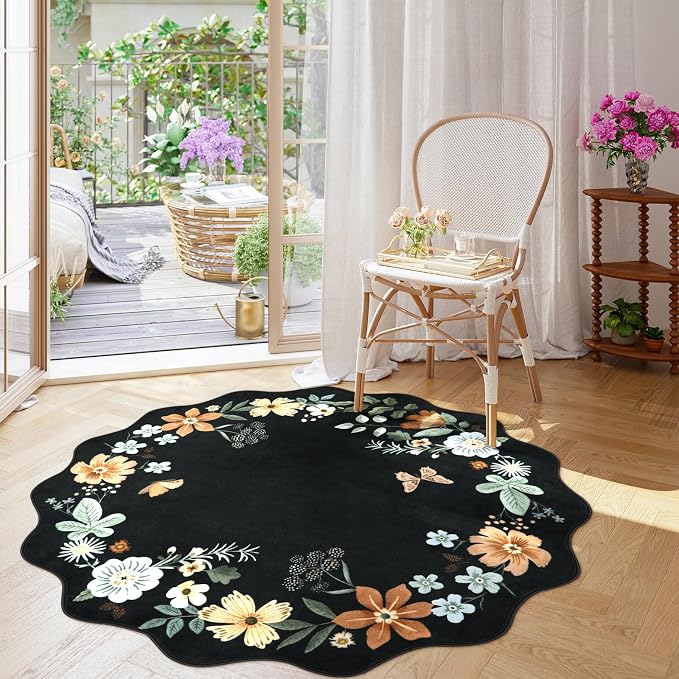 Lahome Floral Washable Round Rugs, Non-Slip Soft Round Rug 4ft Ultra-Thin