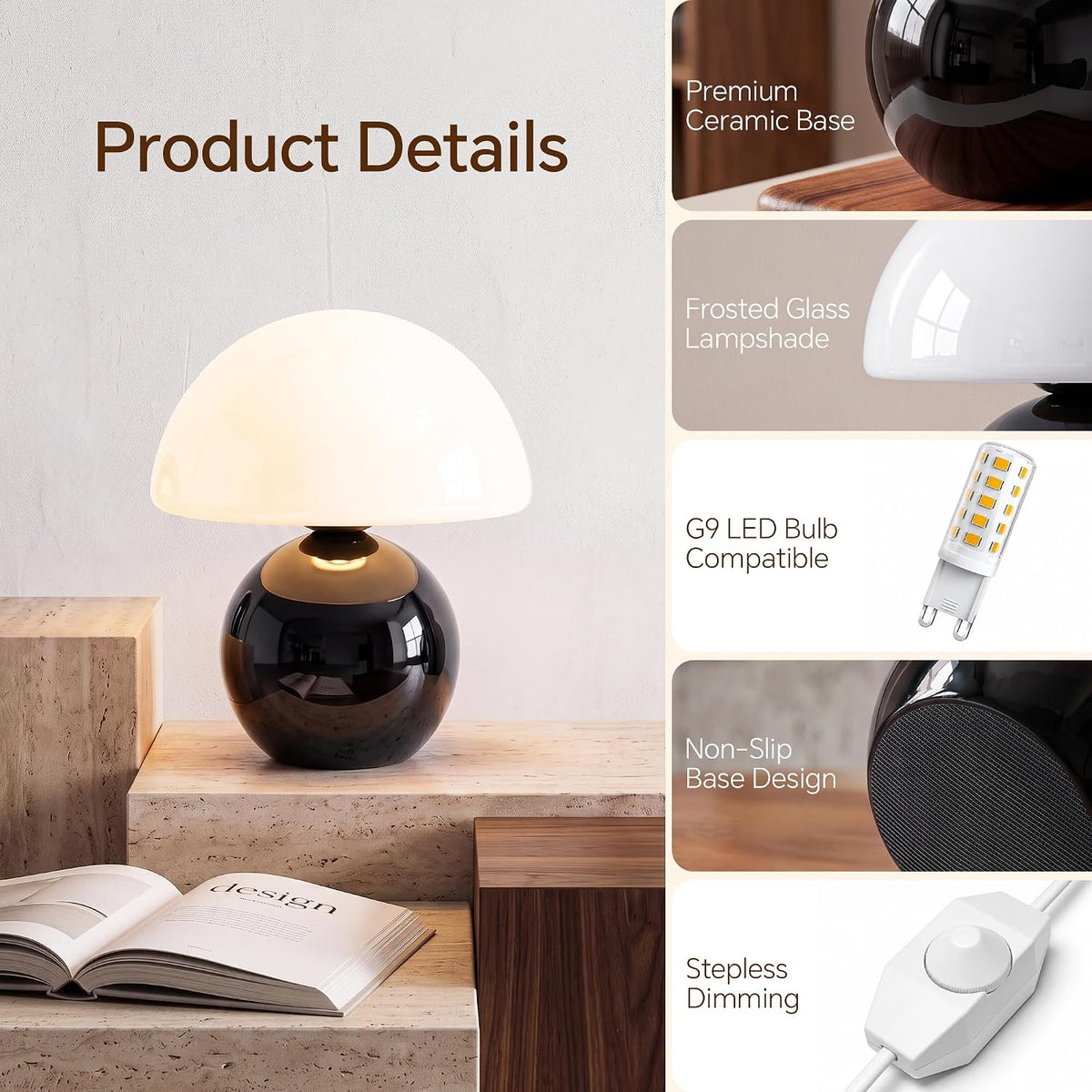 Dawnwake Mushroom Lamp Table Lamp for Bedroom-Small Desk Table Lamps,Black