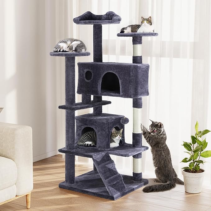 54 Inches Cat Tree Tower Condo Furniture, Multi-Level Cat Tower Condo Activity Center for Indoor Cats, Climbing Tree Cat House Padded Plush Perch, Kittens Pet Play House with Pom-pom, Pink