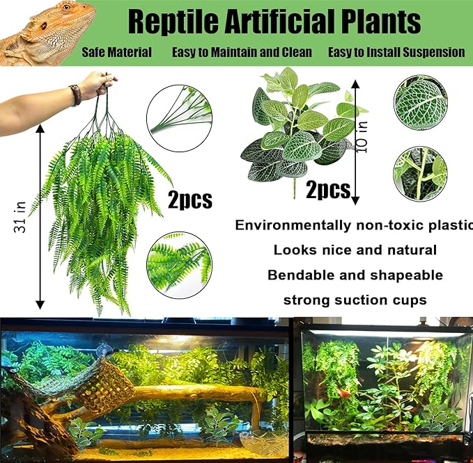 Woyrise 10Pcs Bearded Dragon Tank Accessories, Reptile Hammock Terrarium Plants Jungle Climbing Vines Habitat Decoration for Snakes Bearded Dragon Chameleon Gecko Lizard