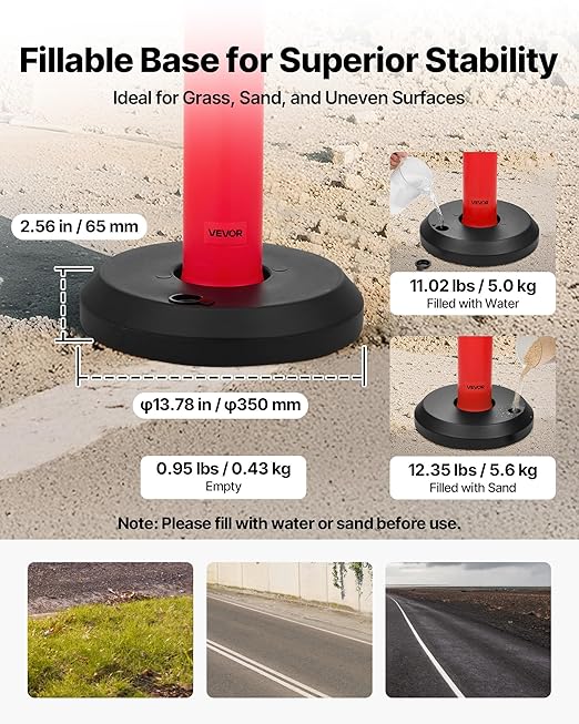VEVOR 6 Pack Traffic Delineator Posts, 48 inches Traffic Safety Cones with Fillable Base and Reflective Strips, Heavy Duty Delineator Posts for Construction Site, Parking Lot, Crowd Control, Red