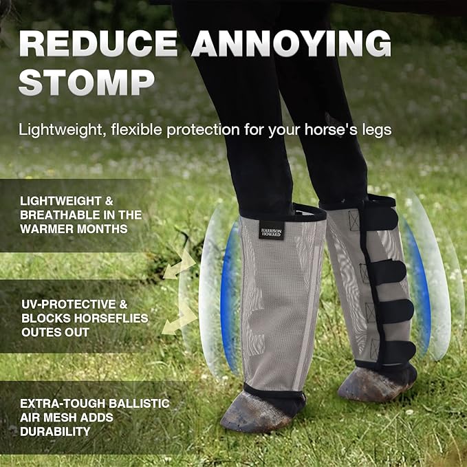 Harrison Howard Loose Fitting Fly Boots UV-Protective Extra Tough Mesh Ventilated Four Fasteners Stay-on Design Protect Horse Legs & Stomp-Reducing Set of 4 Original Grey Large