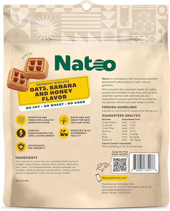 NATOO Dog Treats for Small Dogs & Puppies, Crunchy Biscuits Oats Banana and Honey, Natural Dog Treats, Rich in Omega 6, Prebiotics and Fiber, Antioxidants for Immunity (8oz)
