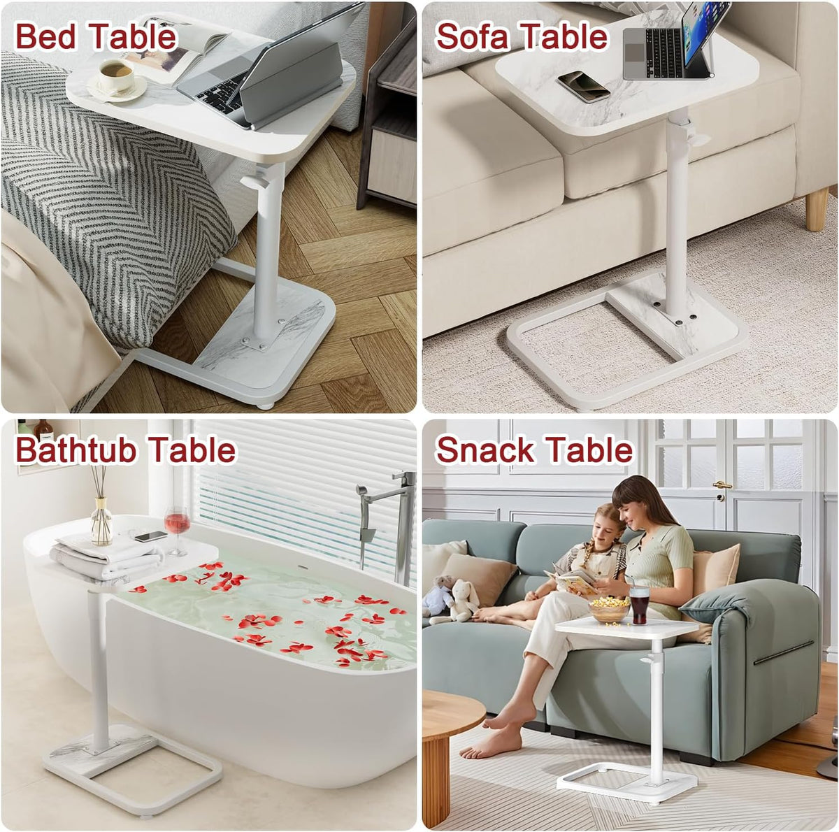 GOYLSER C Shaped Tv Trays Living Room End Table End Stand, White Marble Minimalist Wooden C Table for Sofa, Height Adjustable Tv Tray Tables Side Table for Dinner Eating