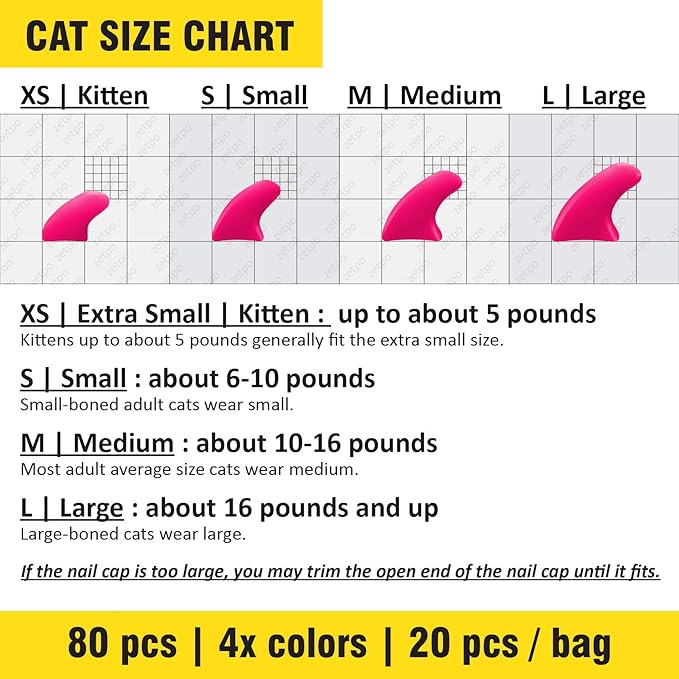 zetpo 80 pcs Cat Claw Covers | Cat Nail Caps | with Adhesives and Applicators (XS, Black, Silver, Silver Glitter, White)