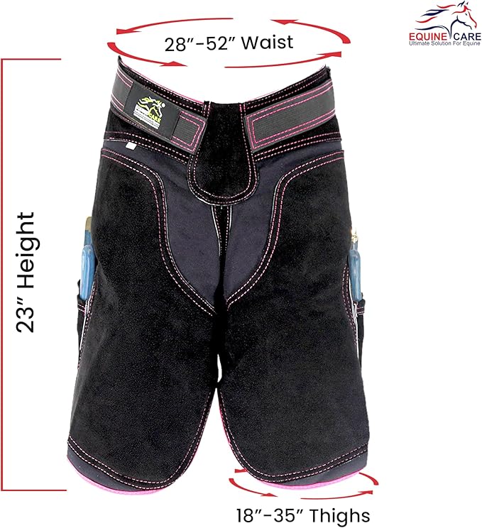 Equine Care Women’s Farrier Apron Chaps 23″ – Leather & Canvas, Adjustable 28–52″ Waist, EVA Padded Knees, Lumbar Support, 4 Knife Pockets & Nail Magnets for Hoof Trimming (Black with Pink Piping)
