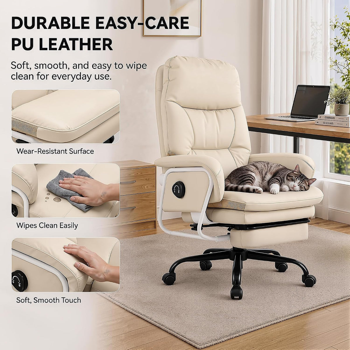 180° Reclining Office Chair with Footrest, PU Leather, Beige