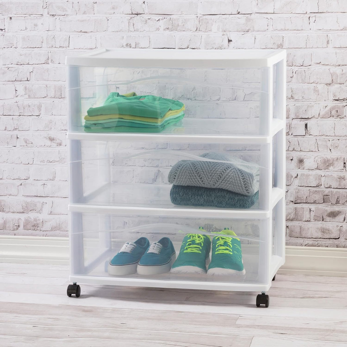 Sterilite Wide 3 Drawer Storage Cart Plastic Rolling Organizer, White Frame