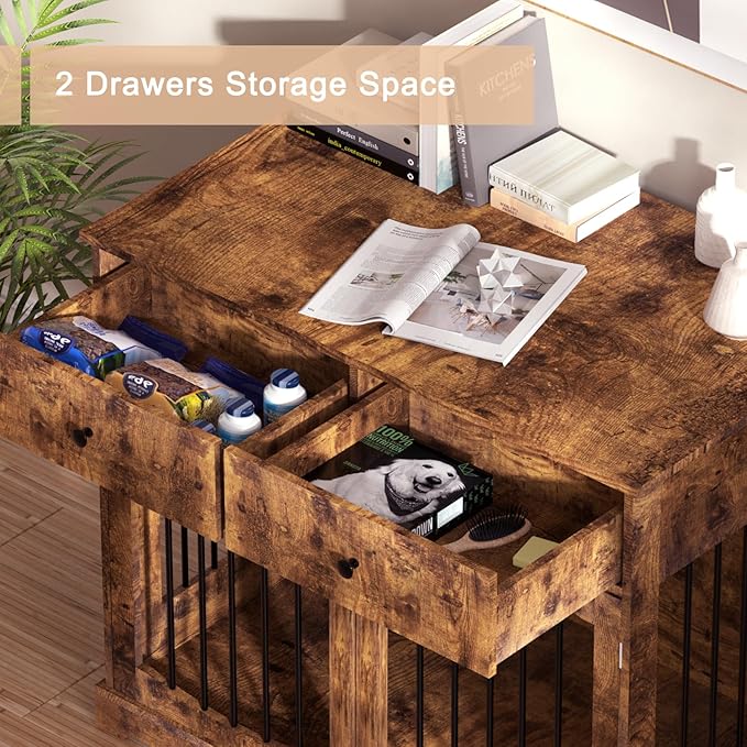 BREEZEHEAT 40 inch Dog Crate Furniture-Farmhouse Dog Kennel with Drawers-End Table Wooden Pet Crate, Double Door Design, Decorative Dog House Indoor for Small Medium Large Dog,Rustic Brwon