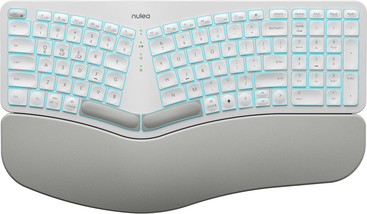 Nulea RT05 Wireless Ergonomic Keyboard, Split Keyboard with Wrist Rest, USB-C Charging, 7-Color Backlight, Natural Typing, Bluetooth and USB Connectivity, Compatible with Windows,Mac