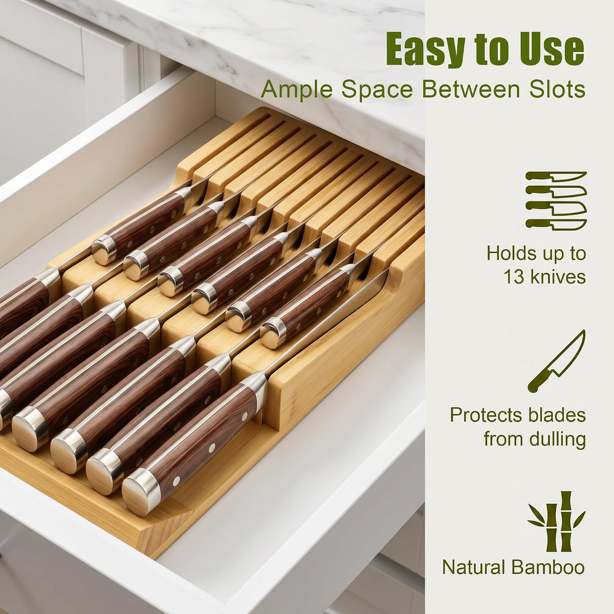 Bamboo Kitchen Drawer Knife Block, In drawer Knife Holder, Knife Drawer Organizer fit for 13 knives