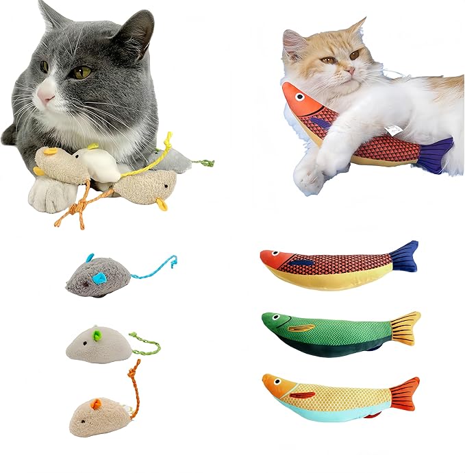 6 Pack Cat Toys, Catnip Toys with Plush Saury Fish & Mouse, Interactive Kicker Toy with Bell & Catnip for Indoor Cats, Kitten Toys for All Breeds