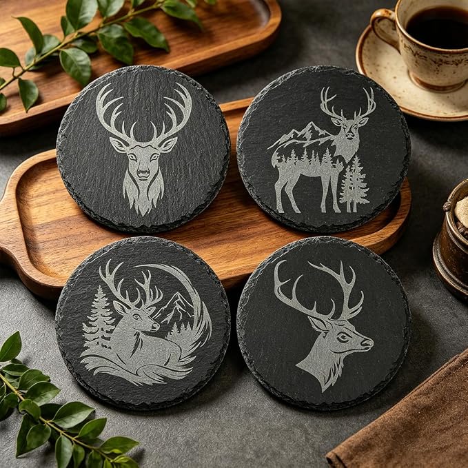 4Pcs Slate Coasters with Deer Pattern, Round 3.94 inch Cup Mats