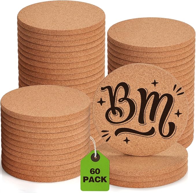 60 PCS Cork Coasters for Laser Engraving, Thick Absorbent Blank Coasters | 4